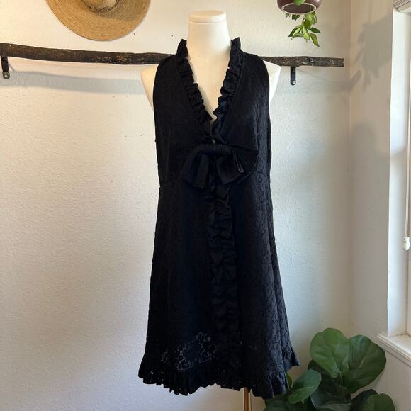 Marc Jacobs Black Lace Ruffled Bow V Neck Sleeveless Knee Length Dress Size 8 - Picture 2 of 14